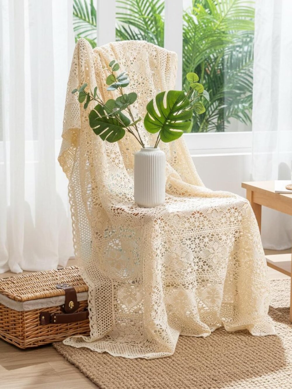Boho Throw Blanket 50"X60" Vintage 100% Handmade Crochet Cotton Throw Blankets, View 2
